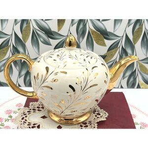 1950s Ellgreave Made in England Teapot Ivory Gold Numbered
